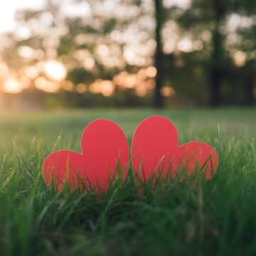 Two small red heart shapes rest within green grass at sunset.