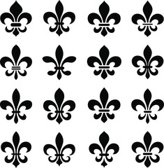 A grid of sixteen black fleur-de-lis symbols with various intricate designs on a white background, showcasing heraldic and decorative patterns. © Shahida