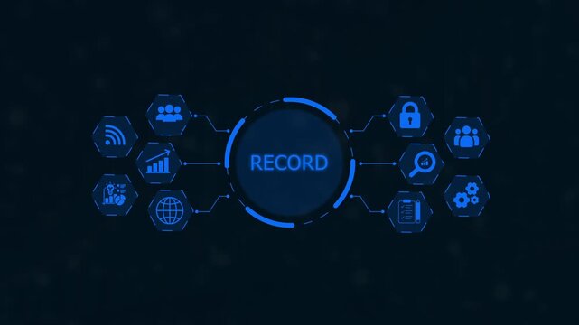 Data record keeping concept with interconnected blue for storage, security, and organization on a dark technological background