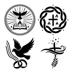 Christian Sacrament Symbols Dove Cross and Scripture Silhouette Icon Bundle