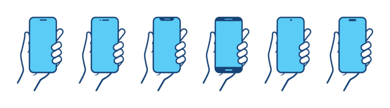 Hand holding smartphone icon set, mobile phone touch screen interaction vector illustration, modern minimal outline design on transparent background