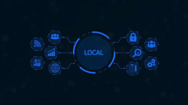 Digital network interface displaying the word LOCAL in a central circular hub surrounded by interconnected hexagonal representing data analytics