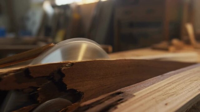 A piece of wood is being cut with a circular saw, focusing on the saw blade and the rough texture of the wood.