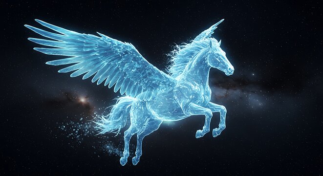 Digital illustration of a winged horse in a dark galaxy background