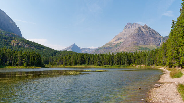 Serene mountain lake surrounded by pine forests and rugged peaks in Glacier National Park, Montana, USA