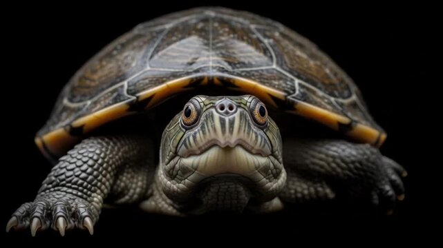 Close-up Front View of a Small Turtle with Detailed Shell and Skin Against Black Background