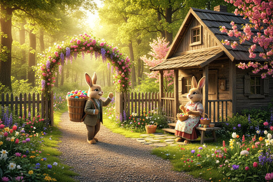Osterhase verabschiedet sich von seiner frau