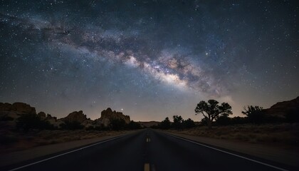 Night sky with Milky Way galaxy over empty road in desert landscape, rock formations and sparse vegetation visible under starry sky in remote area