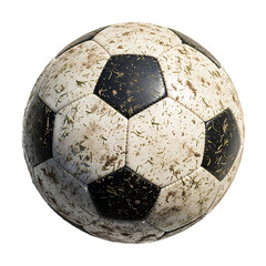 A dirty soccer ball with grass and mud on it on transparent background