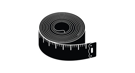 A coiled measuring tape in black and white showing measurement markings