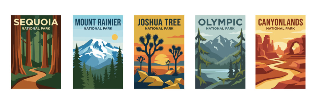 Collection Of Vintage National Park Posters Featuring Iconic Landscapes And Nature Scenes From Yosemite, Mount Rainier, Joshua Tree, And Olympic National Parks