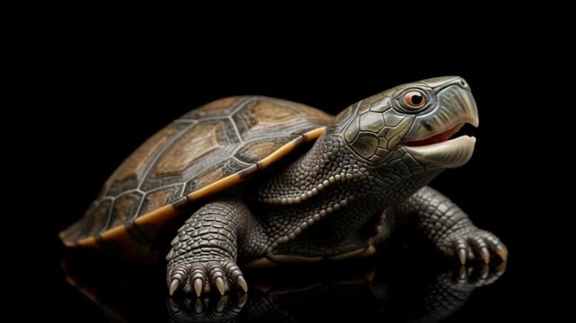Closeup of a small turtle with its mouth open against a black background.