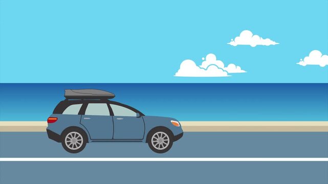 Seamless Loop Blue SUV car traveling Animation with beach and blue sky background. Holiday, Transportation vector Looping animation. easy to use