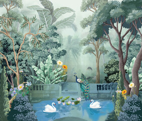 Mughal garden with Peacock, dome illustration for wallpaper. Botanical tree landscape illustration and swan in a beautiful lake.  © NoniGopal