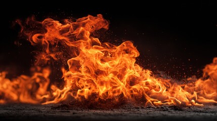 Fototapeta premium Flames and sparks rising from burning material against a dark background