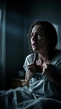 Distressed woman experiencing severe panic attack, overwhelming anxiety, profound fear, emotional turmoil, mental health struggle, vulnerability, sleepless night, dark bedroom
