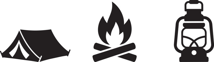 Camping equipment icons: tent, campfire, and lantern for outdoor recreation and travel © MC Creative