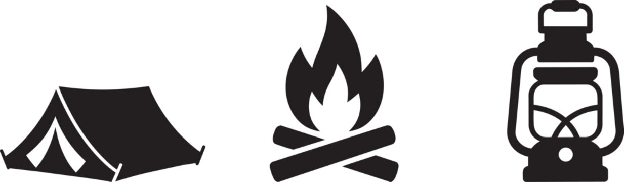 Camping equipment icons: tent, campfire, and lantern for outdoor recreation and travel