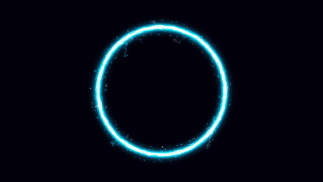 PNG image of A vibrant abstract glowing electric blue circle forms an energetic light ring with dynamic sparks and lightning effects, perfect for modern design on transparent background. on transparen