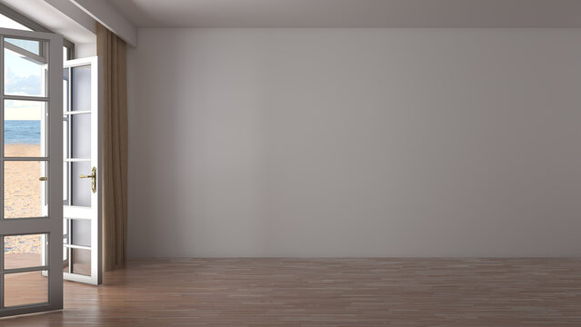 Minimal empty room with wooden floor and open glass door to sandy beach and blue ocean. Bright coastal interior with natural light and large copy space. 3d rendering, Ultra HD 8K, 7680x4320, 300 dpi