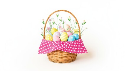 Easter basket with colorful eggs and flowers pink polka dot cloth wicker basket
