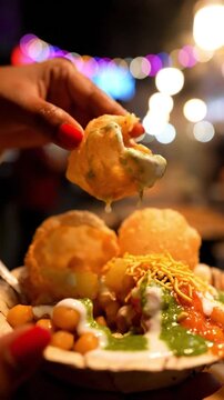 A person's hand reaches into a colorful, delicious bowl of Indian street food under festive bokeh lights.