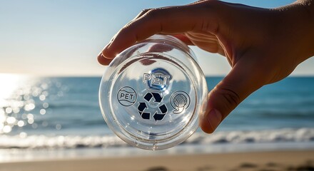Hand Holding Recycling Symbol Glass on Beach.