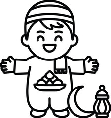 Cartoon boy with food plate and lantern ramadan
