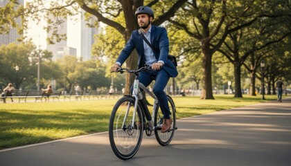 Naklejka premium Businessman Riding Bicycle in Park Businessman Bicycle Park Urban Suit Cycling Outdoor. Concept featuring businessman, bicycle, park, urban, suit for professional commercial design.