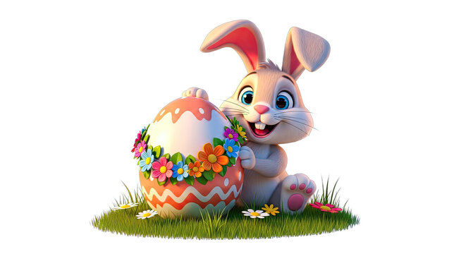 Cartoon easter bunny sitting on green grass holding large decorated egg with flowers