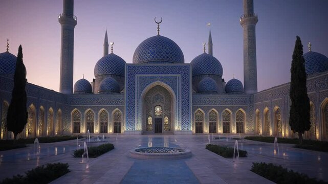 A serene mosque with blue domes and minarets at dusk, with a courtyard and fountain in the foreground, set against a purple sky