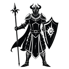 Obraz premium medieval knight silhouette line art vector illustration with a white background