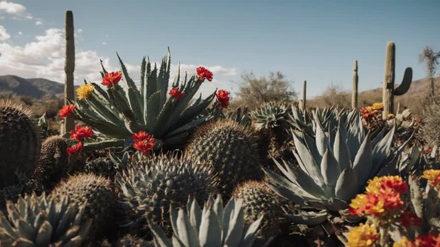 A vibrant desert landscape with blooming cacti in the foreground and mountains under a partly cloudy blue sky in the background, possibly used for travel brochures