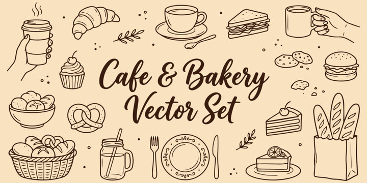 Cafe bakery vector doodle set with coffee cake bread and kitchen elements