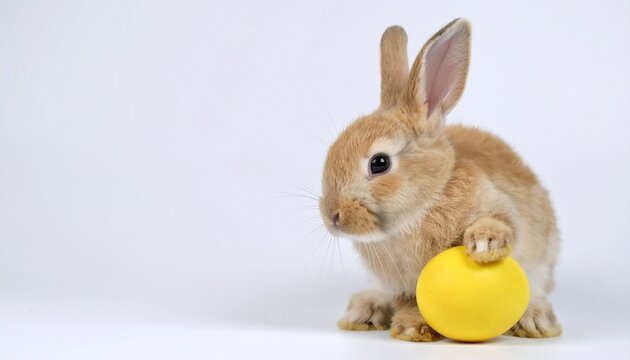 Rabbit holding yellow egg on white background