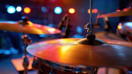 Naklejka premium Dynamic close-up of drum kit cymbals reflecting colorful stage lights during a live music concert or performance event.