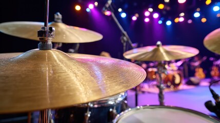 Naklejka premium Drum kit with shiny cymbals on a stage, illuminated by vibrant colorful lights, ready for a live music concert or performance.
