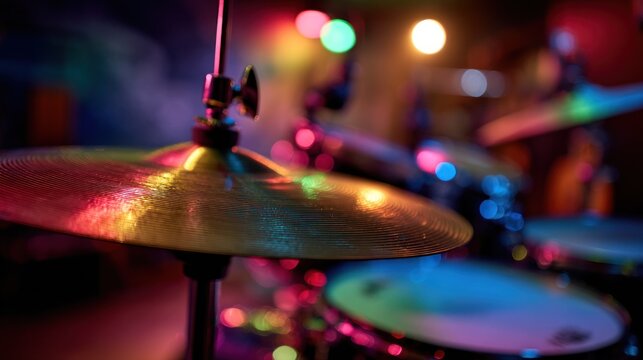 Vibrant Close-Up of Drum Kit Cymbal with Colorful Stage Lights for Live Music Performance, Concert, and Party Atmosphere