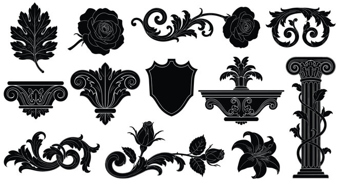 Set of vintage baroque silhouette elements with ornate floral scrolls, acanthus leaves, roses, and classical architectural details.