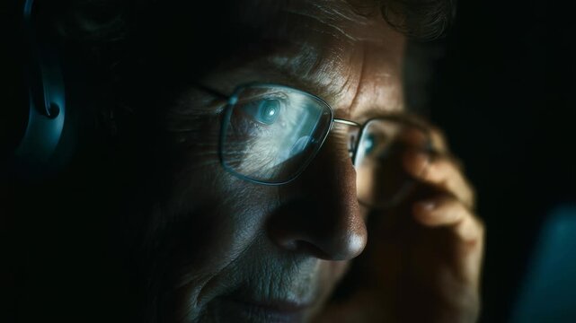 A mature man with glasses and headphones is intently looking at a glowing computer screen in a dark room. The blue light reflects in his eyes, highlighting concentration and technology use