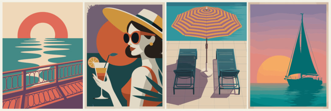 Set of four retro summer posters featuring sunset seascape, stylish woman with cocktail, poolside scene, and sailboat at dusk.