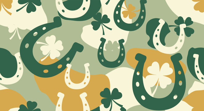 Festive seamless pattern for St. Patrick's Day featuring green four-leaf clovers and horseshoes as symbols of good luck on a modern camouflage background.