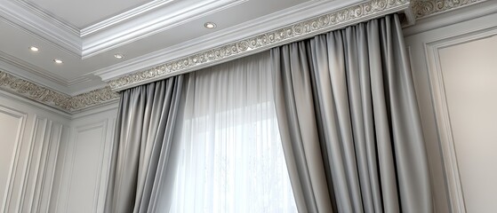 Obraz premium Modern ceiling design with long led lights and gray curtains in a bright room showcasing architectural details and minimalist decor elements