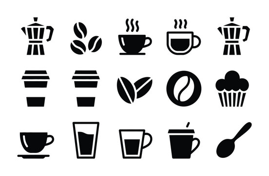 Collection of vector icons representing coffee beans cups and related items