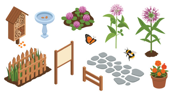 Isometric collection of items for creating a pollinator-friendly garden, including an insect hotel, bird bath, and native plants.