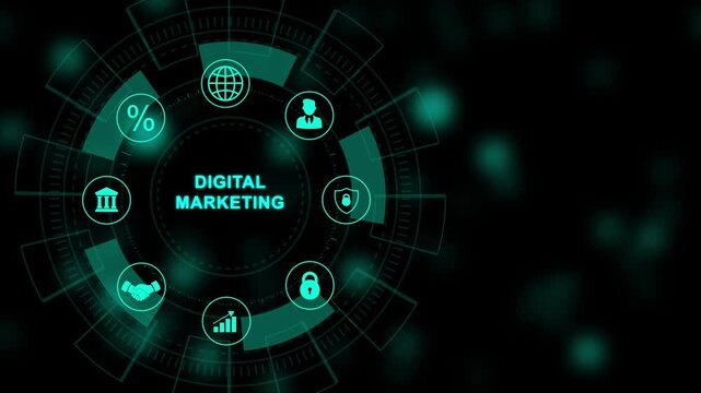 Digital marketing technology concept. Internet. Online. Search Engine Optimization. SEO. SMM. Advertising. Modern Business, Technology, Internet and social media icons 4K animation background.