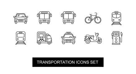 Modern minimalist line art vector icons showcasing a diverse collection of transportation modes, ideal for graphic design resources.
