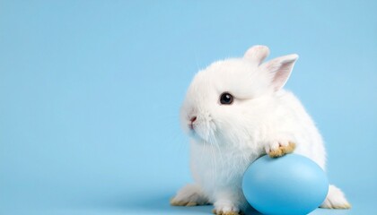 White rabbit holding blue Easter egg