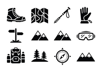 Collection of vector icons representing hiking gear and outdoor adventure essentials © Rohi