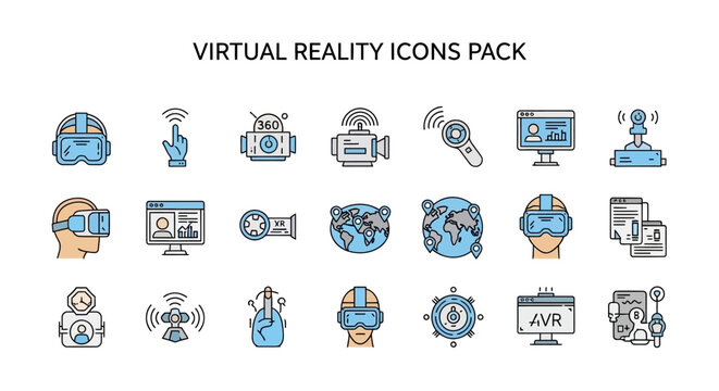 A comprehensive set of modern flat line style vector icons illustrating virtual reality, augmented reality, and extended reality concepts.